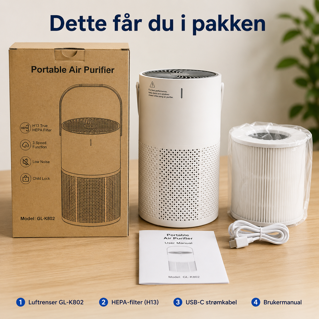 Dette følger med Clean X K805: luftrenser, H13 HEPA-filter, USB-C-kabel og bruksanvisning