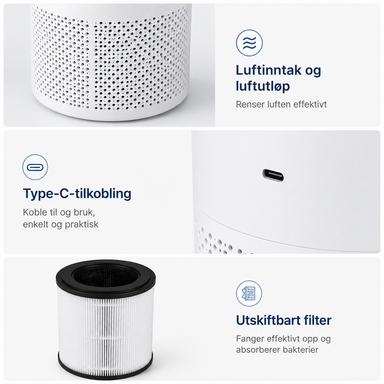 Luftinntak, USB-C-tilkobling og utskiftbart filter på Clean X K805