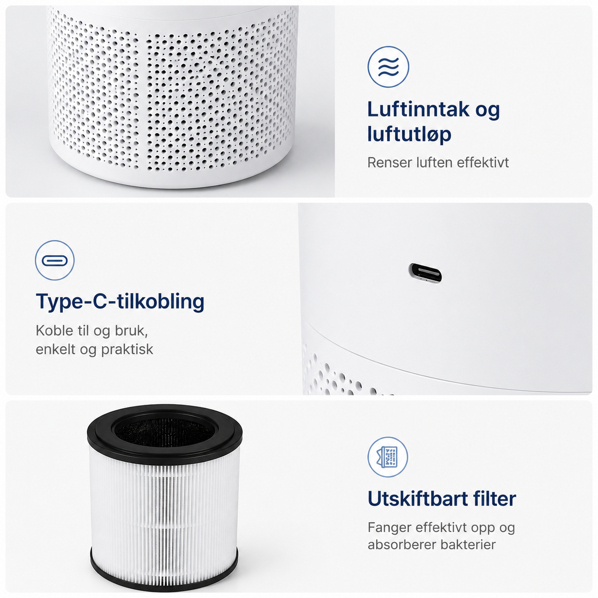 Luftinntak, USB-C-tilkobling og utskiftbart filter på Clean X K805