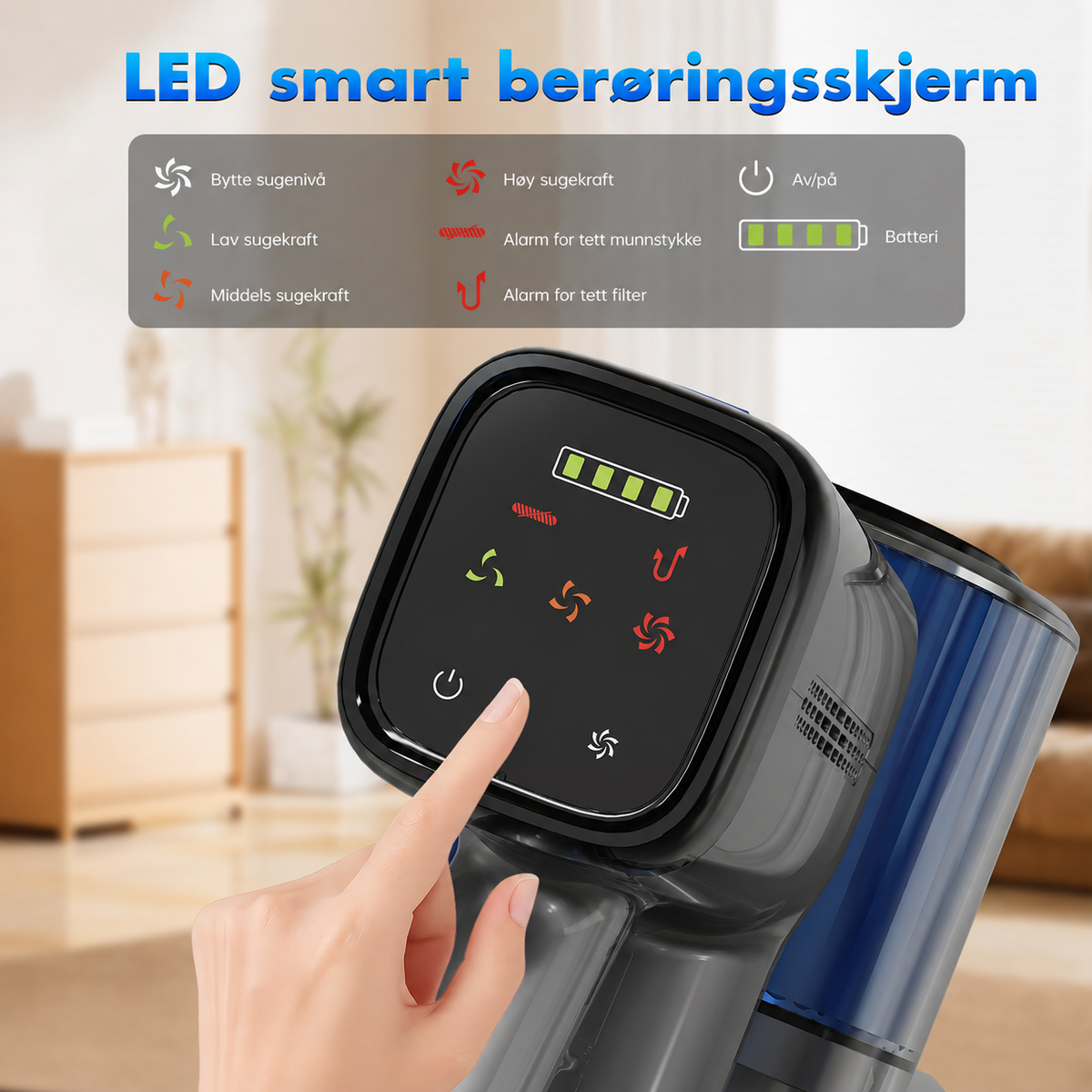 V10 med avtakbart batteri, betjeningspanel og LED-skjerm