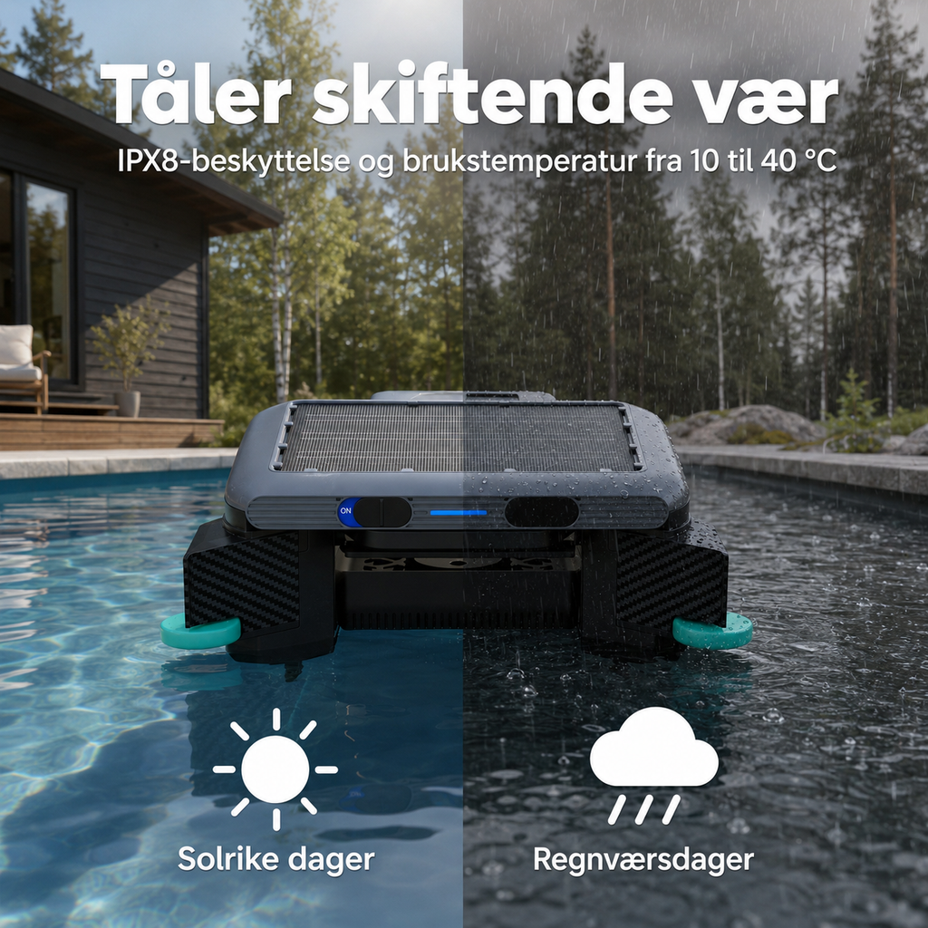 IPX8-beskyttet bassengrobot som tåler sol og regn, brukstemperatur 10 til 40 grader