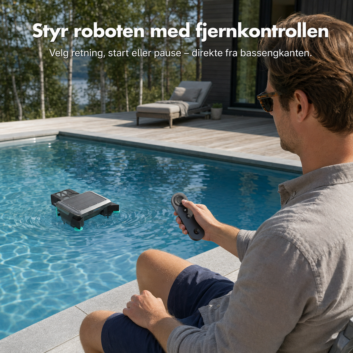Bassengroboten styres med fjernkontroll fra bassengkanten