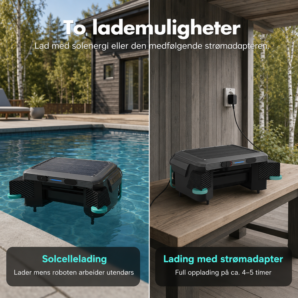 Bassengroboten lades med solceller mens den jobber, eller med strømadapter på 4 til 5 timer
