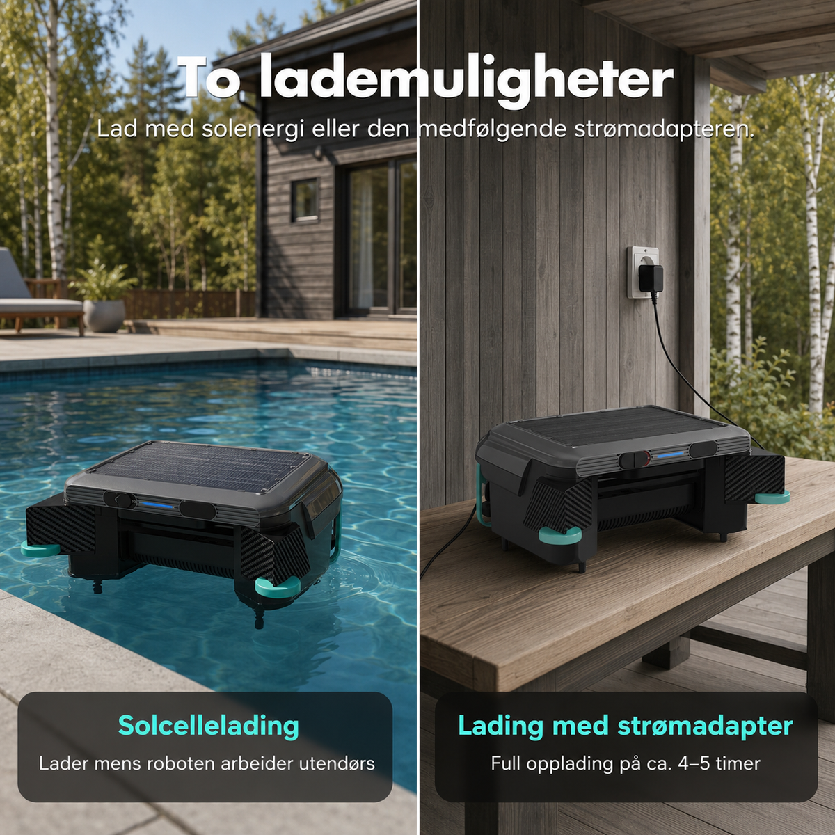 Bassengroboten lades med solceller mens den jobber, eller med strømadapter på 4 til 5 timer
