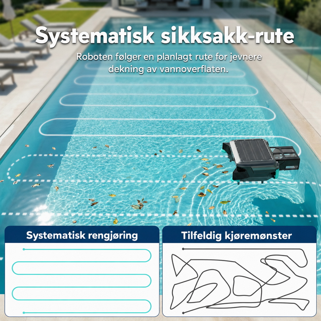 Bassengroboten går systematiske baner i stedet for tilfeldig kjøremønster