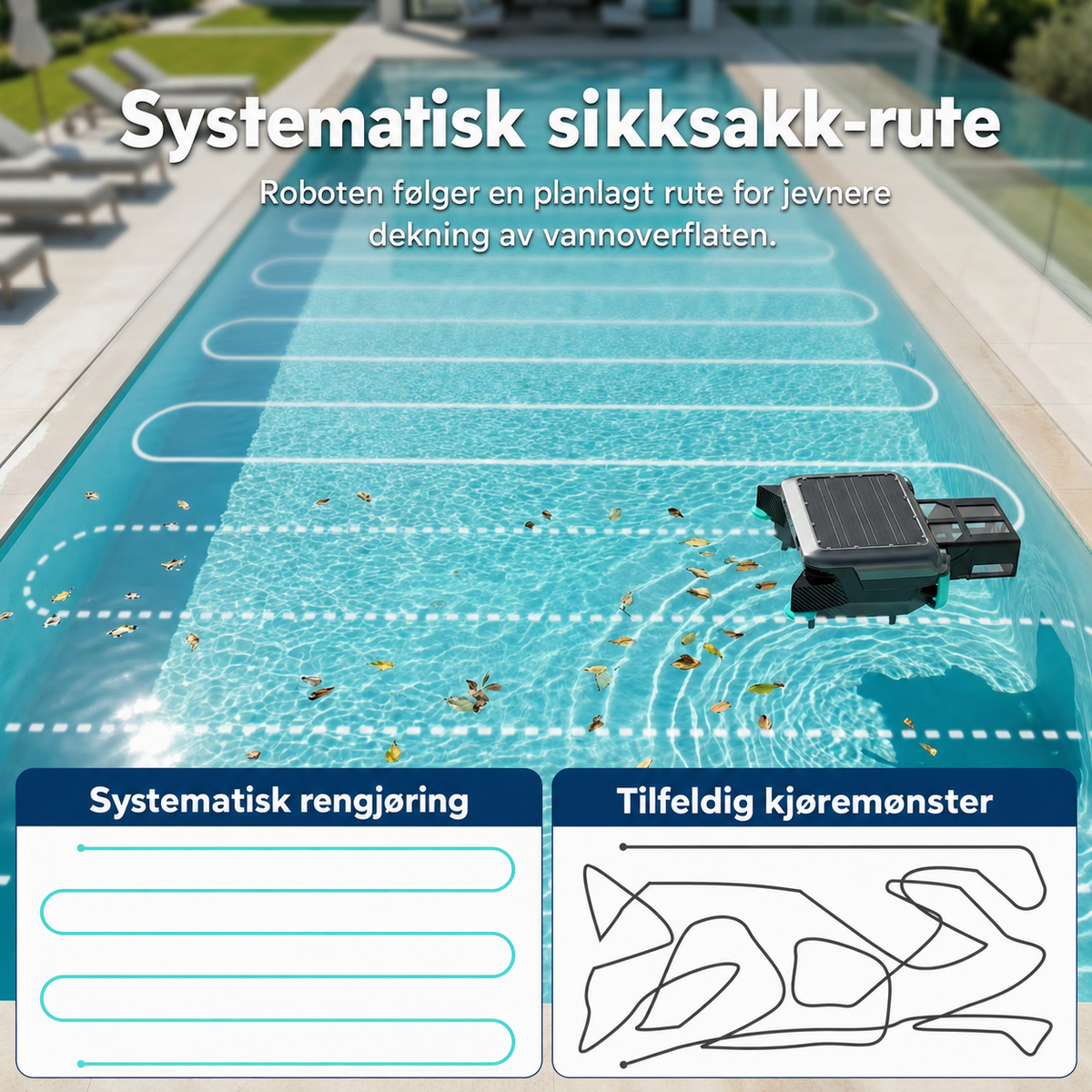 Bassengroboten går systematiske baner i stedet for tilfeldig kjøremønster