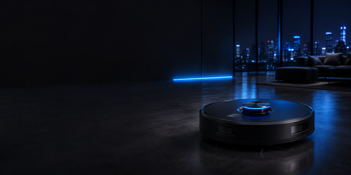 Robotstøvsuger som rengjør gulvet i en moderne stue med utsikt over byen om kvelden