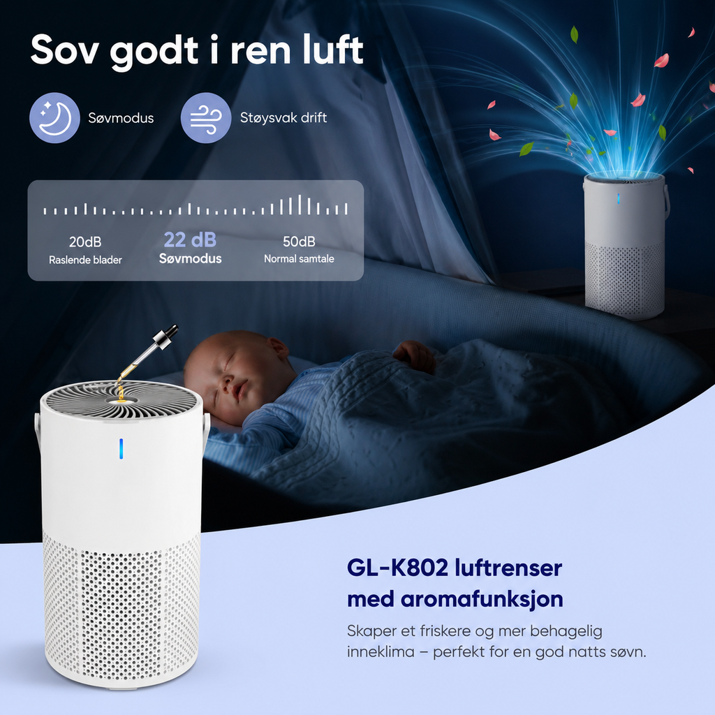 Clean X K805 i søvnmodus på ca. 22 dB på soverommet