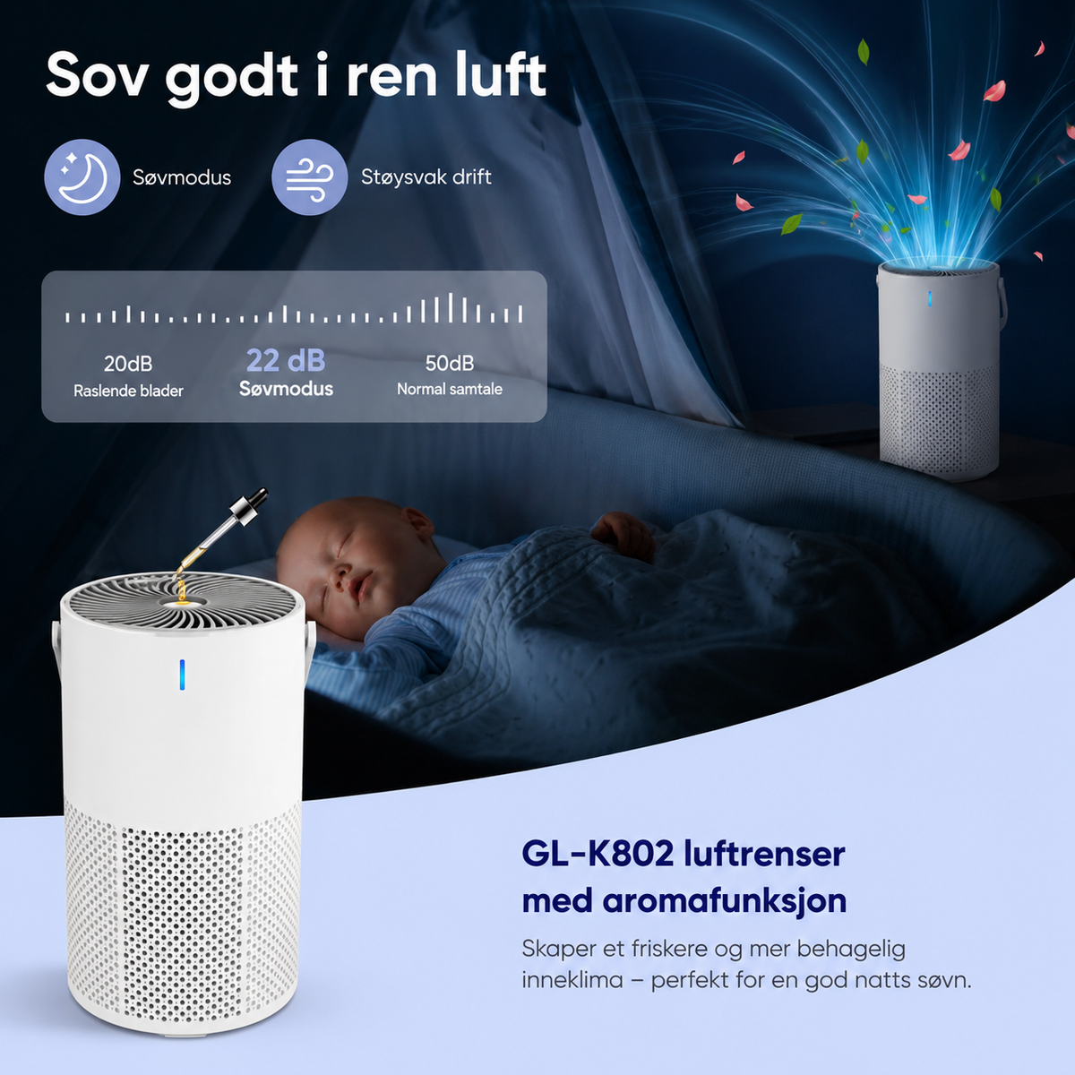 Clean X K805 i søvnmodus på ca. 22 dB på soverommet