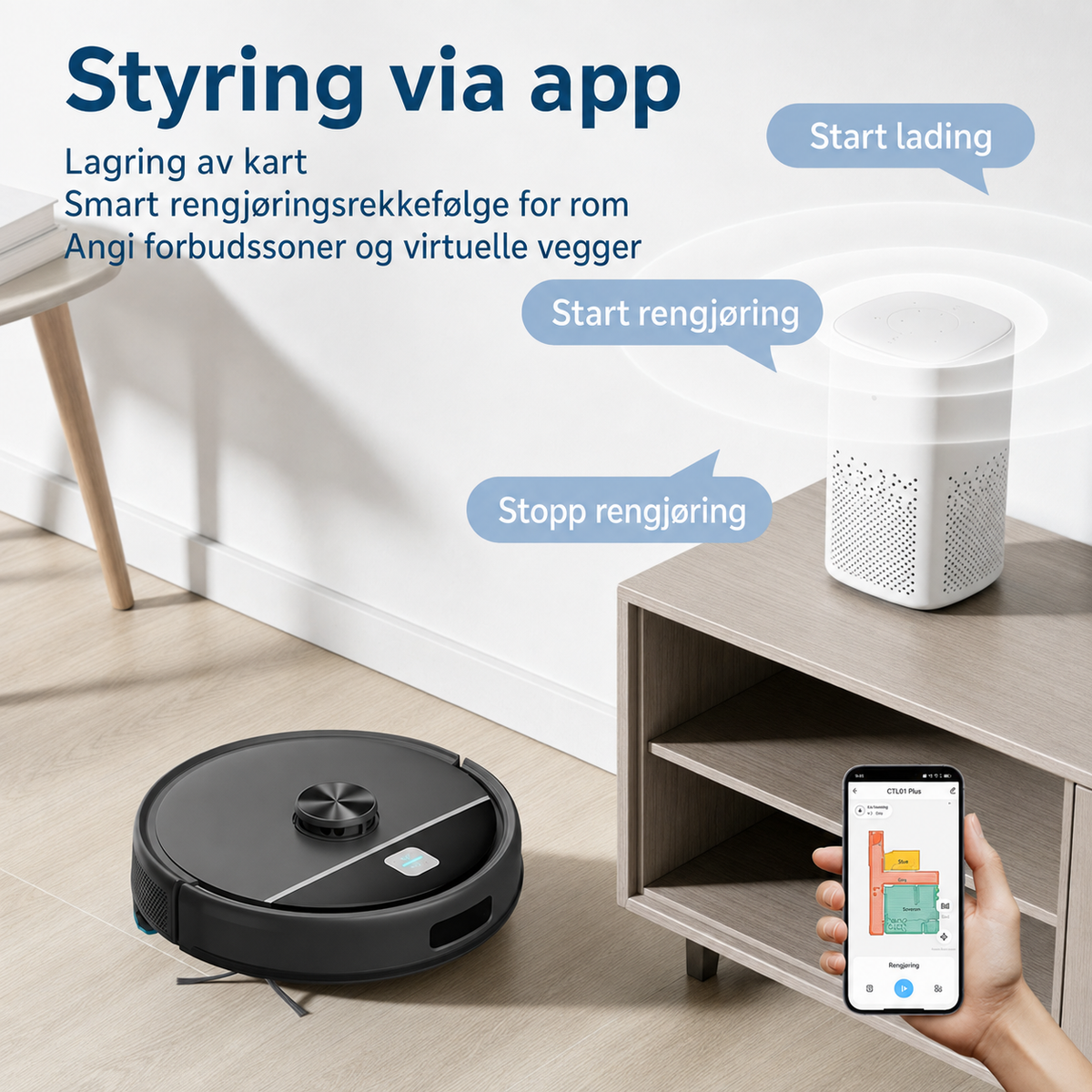 Appstyring av CTL01 Plus med lagret kart, rengjøringsrekkefølge og virtuelle vegger