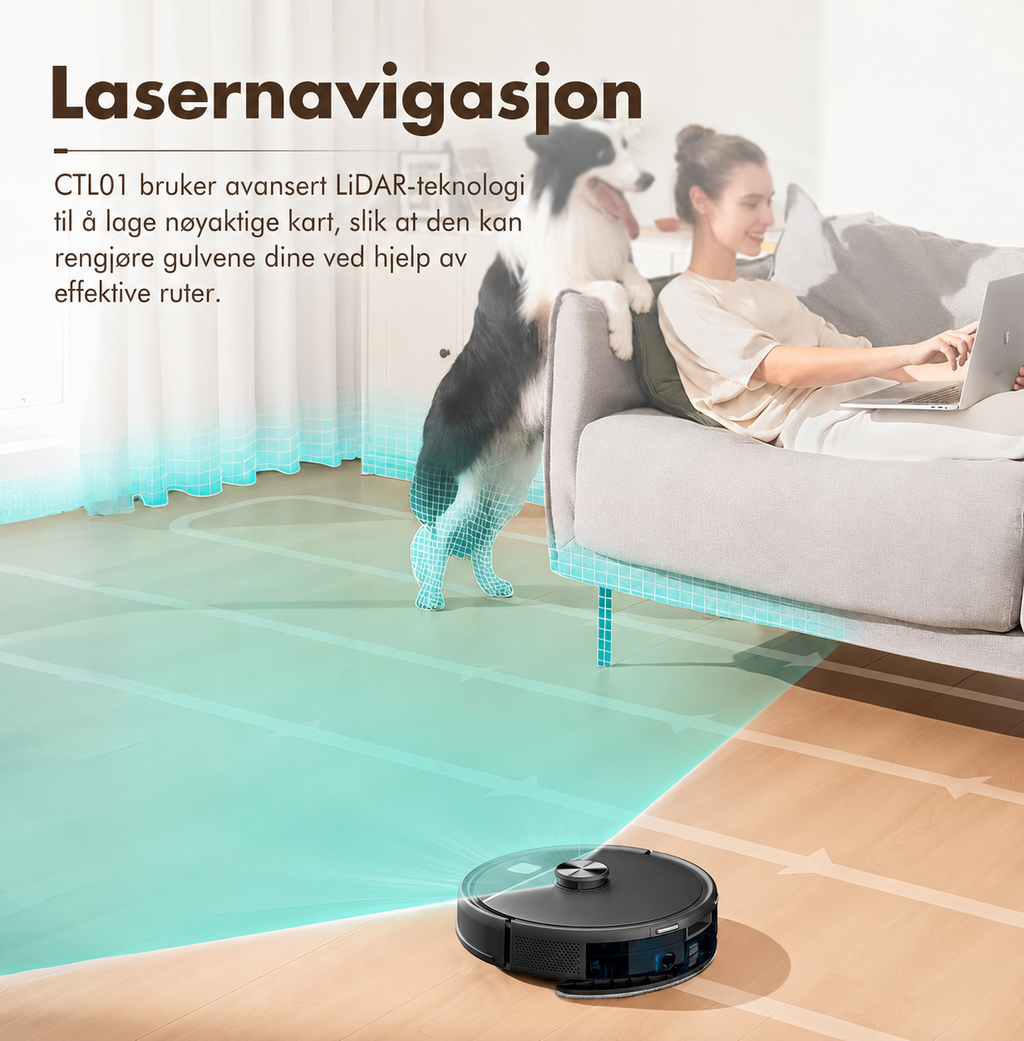 CTL01 kartlegger stuen med LiDAR-lasernavigasjon og rengjør i systematiske baner