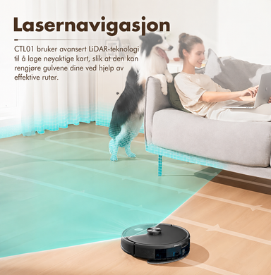 CTL01 kartlegger stuen med LiDAR-lasernavigasjon og rengjør i systematiske baner