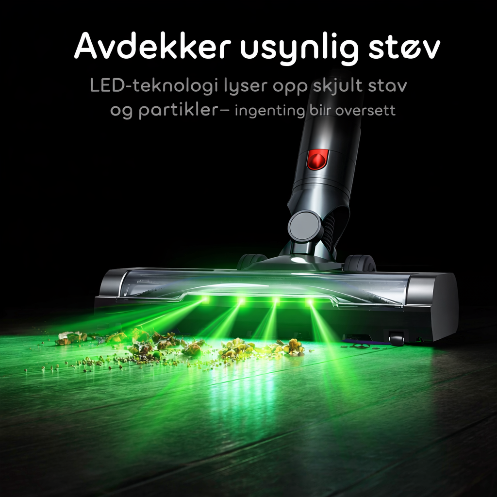 S15 med LED-lys i gulvmunnstykket som avdekker skjult støv