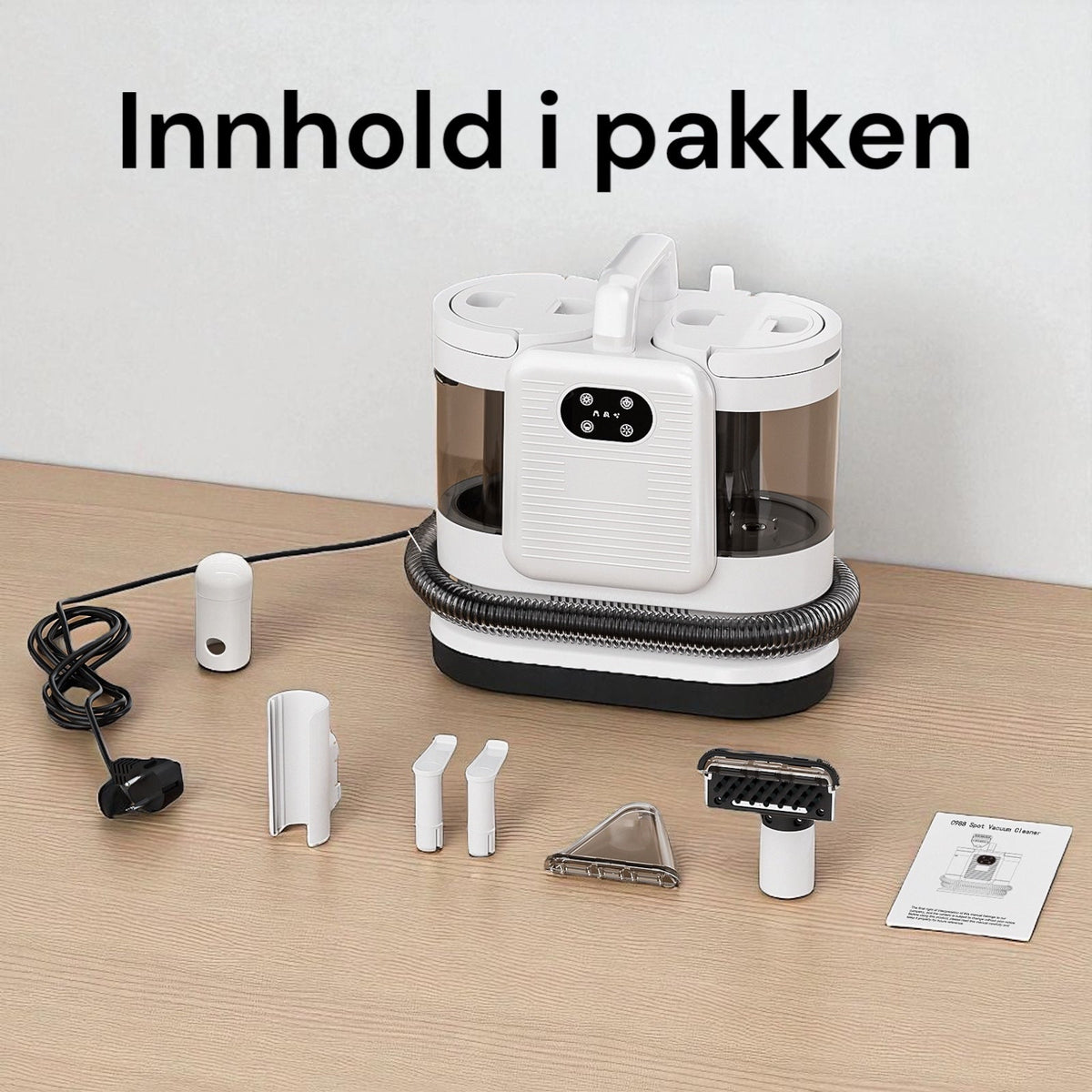 Innhold i pakken til teppe- og møbelrenseren: maskin, slange, munnstykker og bruksanvisning