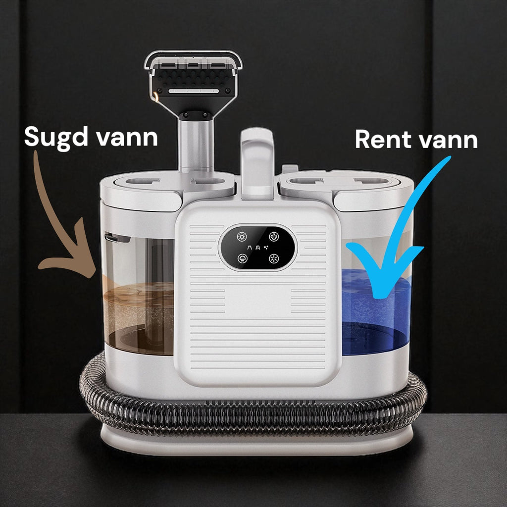 Teppe- og møbelrenseren har egen tank for sugd skittent vann og egen tank for rent vann