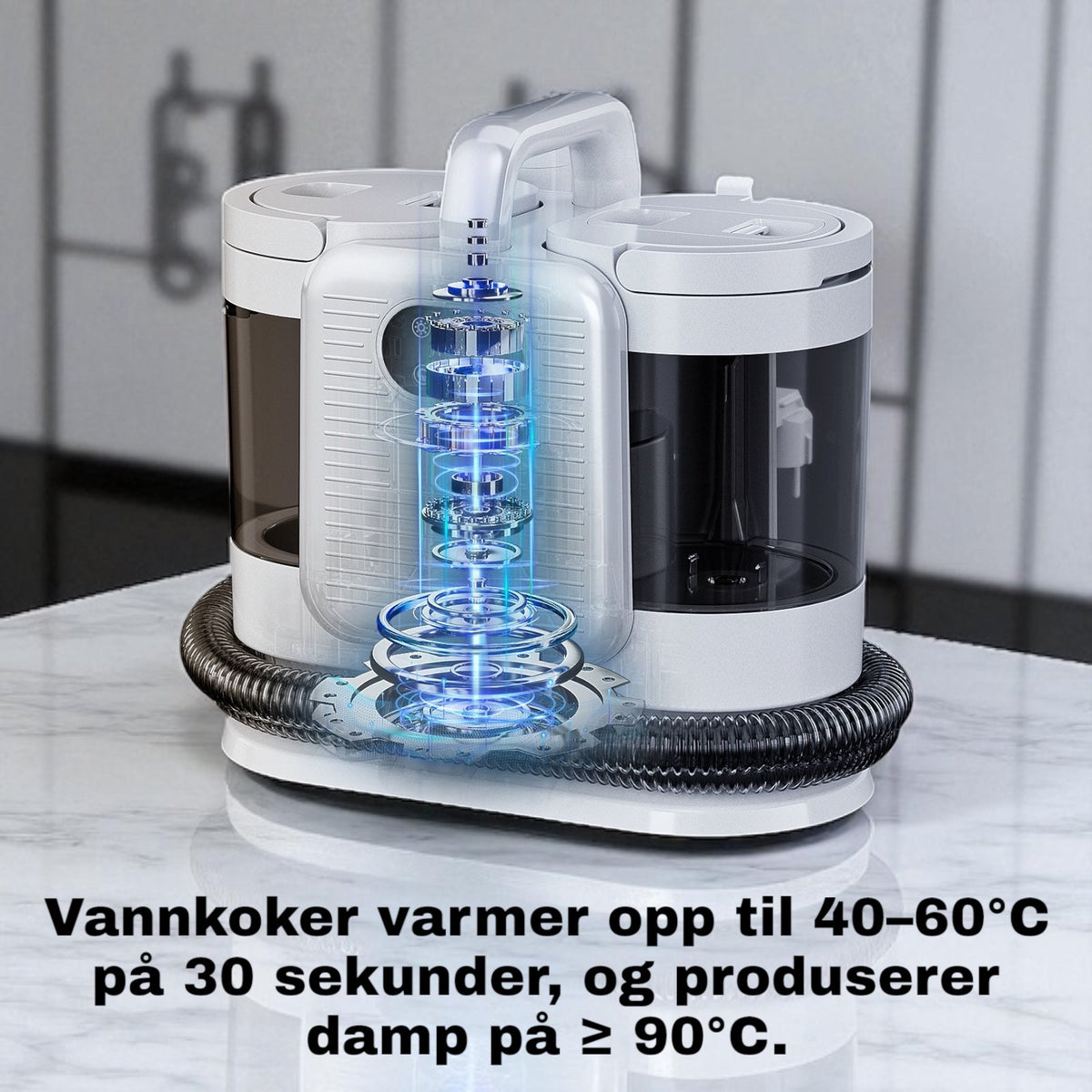 Vannkokeren varmer opp til 40 til 60 grader på 30 sekunder og produserer damp på over 90 grader