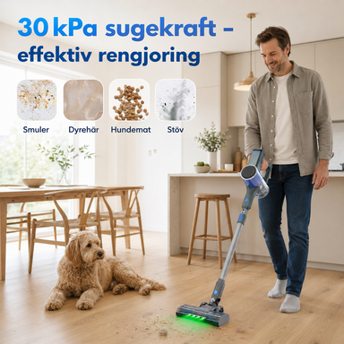 V10 med 30 kPa sugekraft tar smuler, dyrehår, hundemat og støv
