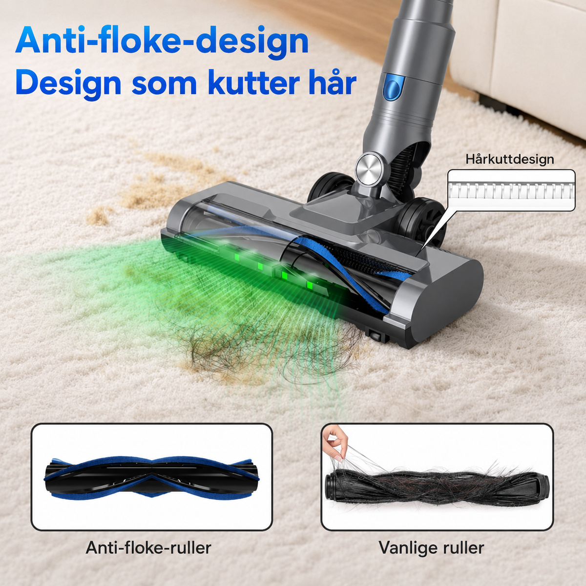 Anti-floke-børsterull i V10 som kutter hår, sammenlignet med vanlig børsterull