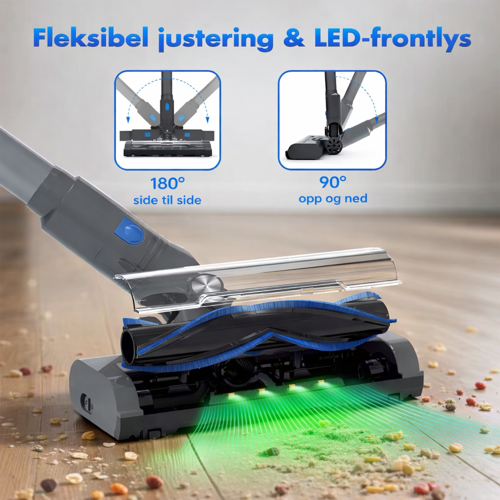 V10 med LED-frontlys og munnstykke som vris 180 grader til siden og 90 grader opp og ned